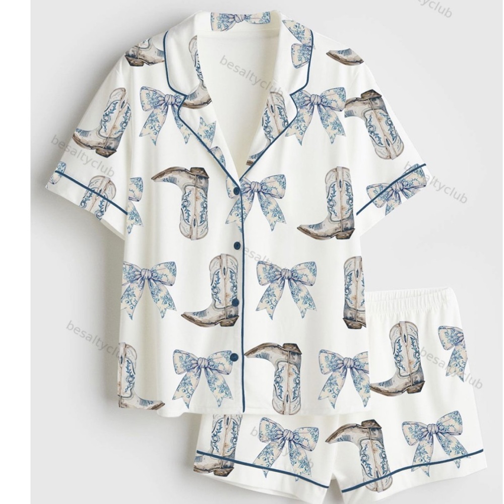 White and Blue Printed Pajama Set